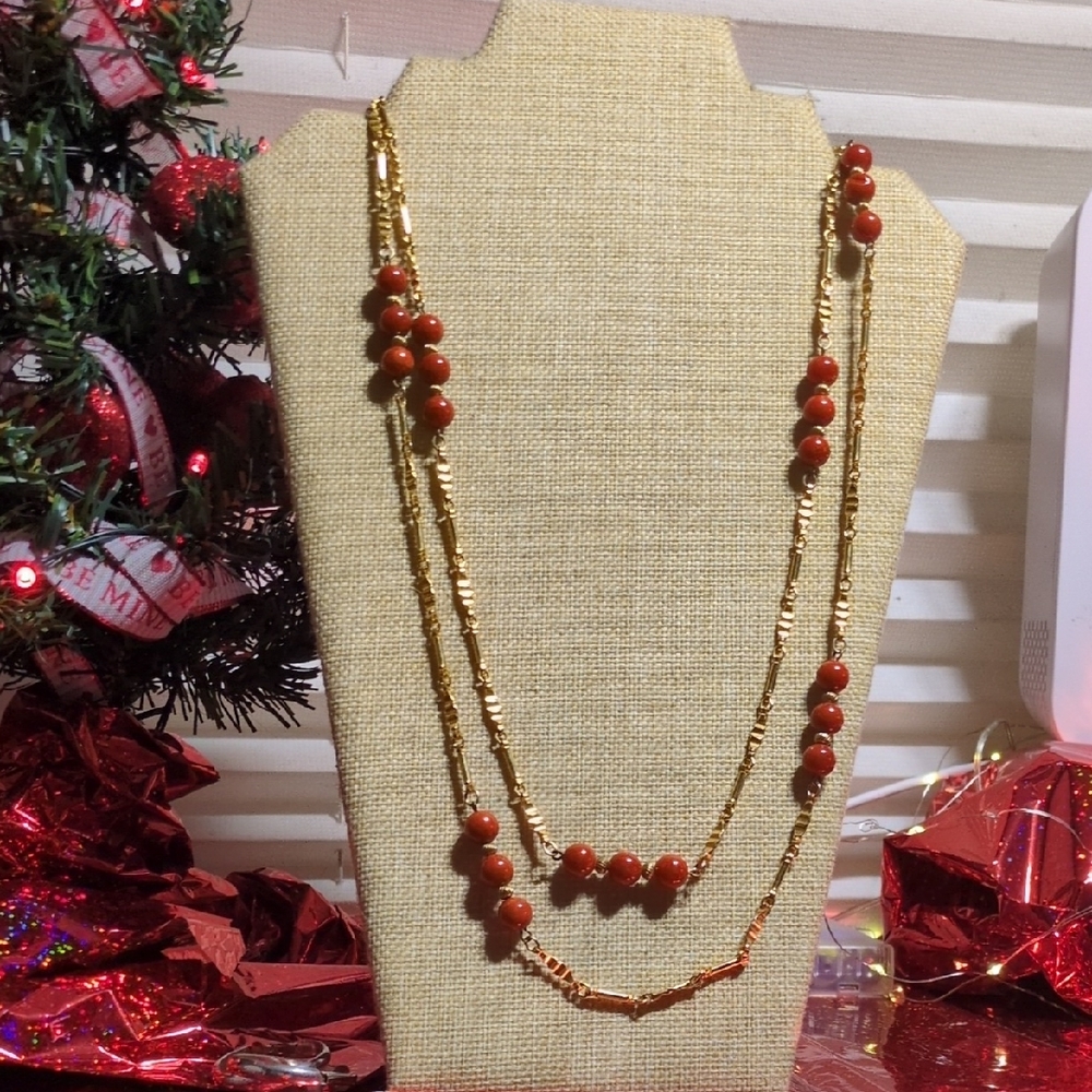 XL Goldtoned and Coral Colored Beaded Fashion Necklace
